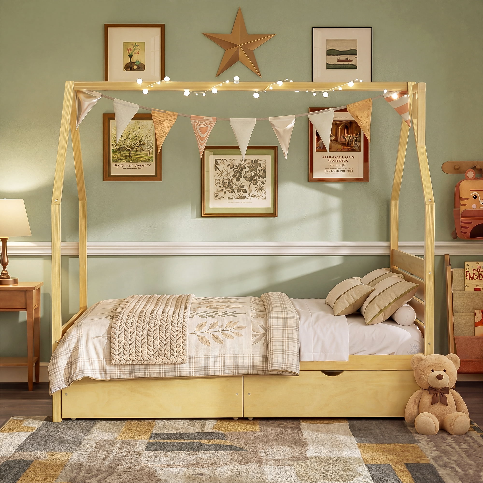 Mintazer Full Kids House Canopy Platform Bed with 2 Storage Drawers, Montessori Bed with Headboard for Bedroom, Natural