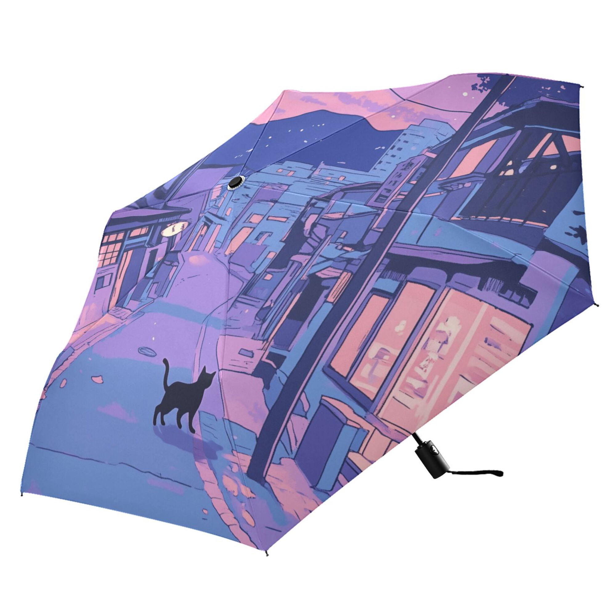 FORMRS Travel Umbrella Folding Auto Open Close Windproof Rain UV Protection, Cat Walking in Street