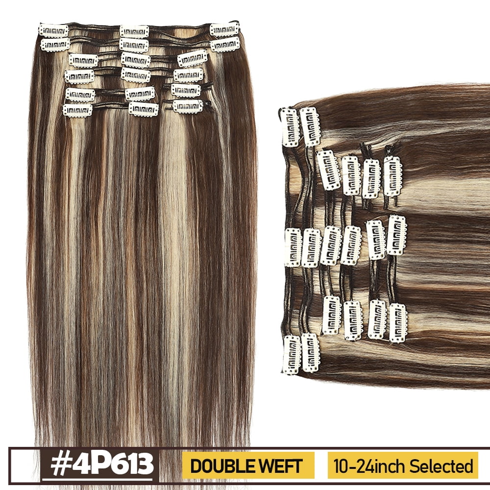SEGO Human Hair Double Weft Clip In 100% Remy Human Hair Extensions 8PCS 18 Clips Extra Thick Virgin Human Hair Natural Smooth Full Head