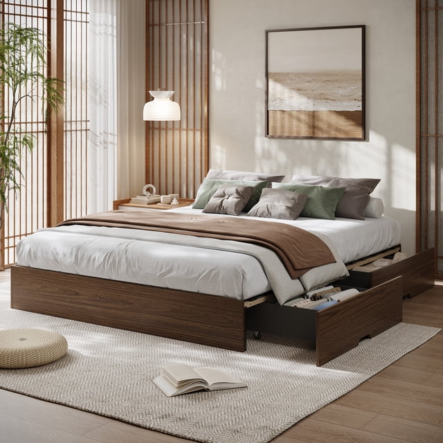 Bed Frame with 2 Storage Drawers, Wooden Low Profile Bed Frame, No Headboard, Wood Slat Support, Noise Free, No Box Spring Needed, Easy Assembly