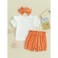 thumbnail image 4 of Bslissey Toddler Little Girls 3Pcs Summer Outfits Short Sleeve Letter Print T-shirt Tops + Dot Shorts + Bow Headband Sets Infant Casual Cute Clothes 12M 18M 24M 3T 4T 5T, 4 of 9