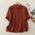 thumbnail image 2 of Ashirexll Womens Casual Tops, Summer Shirts for Women, Solid Color Imitation Linen Embroidered Button Short Sleeve Round Neck Top, 2 of 7
