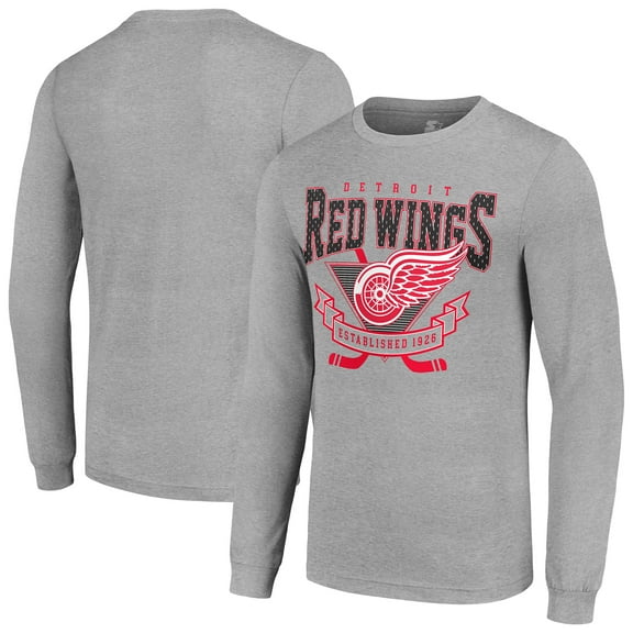 Men's Starter Heather Gray Detroit Red Wings '80s Inspired Team Logo Long Sleeve T-Shirt