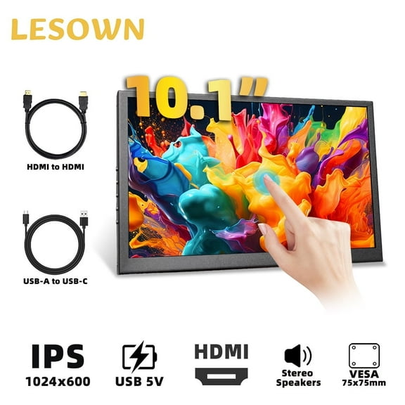 LESOWN 10.1-inch Laptop Portable Monitor 5-points Capacitive Touchscreen Monitor  USB HDMI FHD 1024x600 IPS Small Auxiliary Display Dual Speakers for PC Raspberry Pi