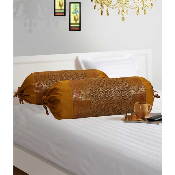 Stylo Culture Indian Polydupion Cylindrical Hotdog Pillow Bolster Pillow Covers Gold Jacquard Brocade Border Floral Large Settee Cylinder Cushion Covers (Set of 2) | 30x15 Inches (76x38 cm)