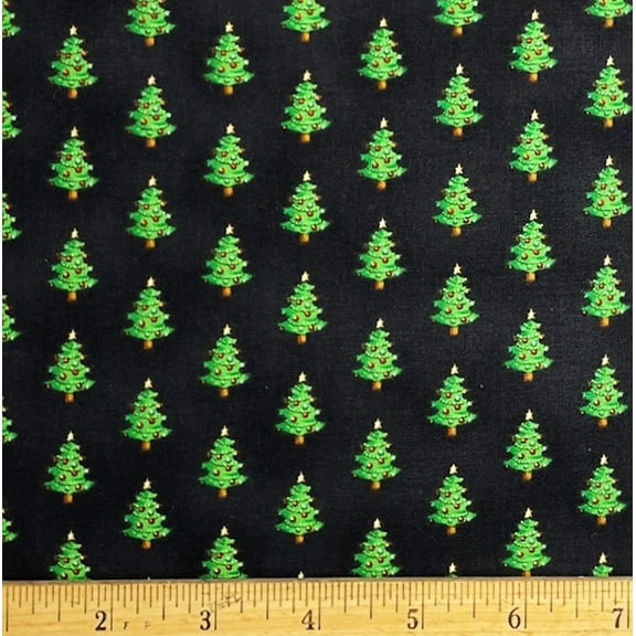 1 Fat Quarter - Mini Christmas Tree on Black Cotton Fabric - 21" X 18"
