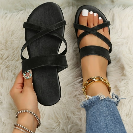 

ZHELIYO Women s sandals Ladies Fashion Summer Solid Color Leather Strap Open Toe Flat Casual Sandals Black 6.5