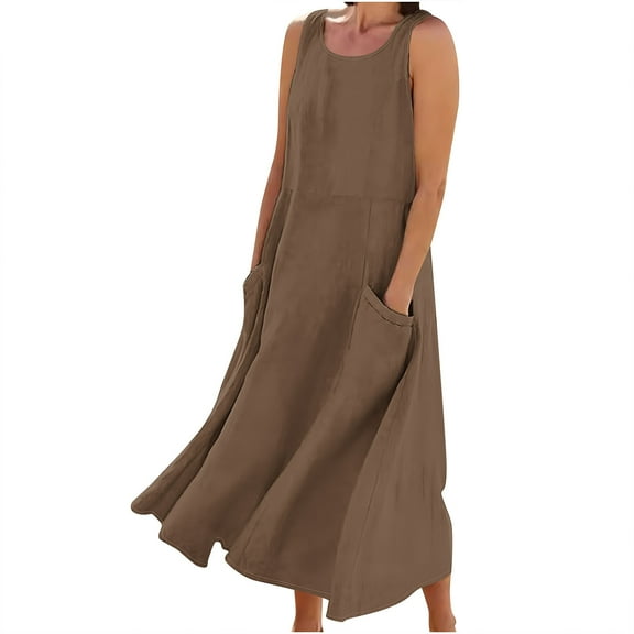 ZhuoLiL Womens Dresses Summer Coffee Dresses New Women's Sleeveless And Linen Round Neck Printed Long Dress