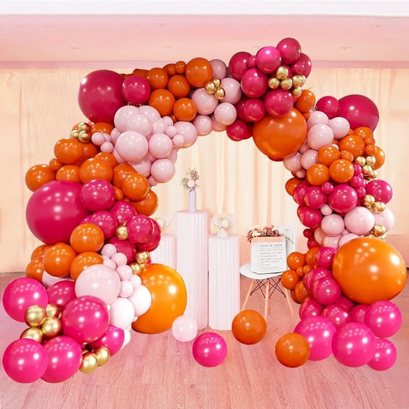 YQWIN 161Pcs Pink Orange Balloon Garland Arch Kit Hot Pink Orange Chrome Metallic Gold Latex Balloons 18 12 10 5 Inch Different Size Balloons for Birthday Wedding Summer Tropical Party Decorations