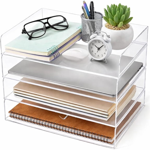 4 Tier Paper Organizer Letter Tray Acrylic Desk File Organizer Stackable Documents Letter Clear Paper Holder Sorter Office Tray for A4, Modern Office Classroom Home File Pad Books Notes