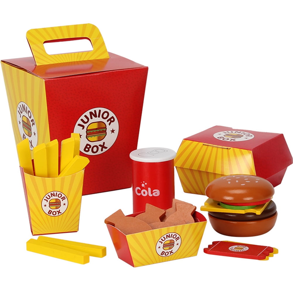 MEGAWHEELS Children Pretend Play Food Toy Wooden Fast Burger Fries Set Deluxe Dinner Set