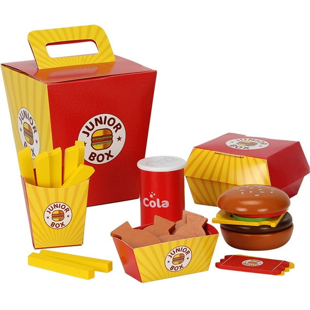 Children Pretend Play Food Toy Wooden Fast Food Burger Fries Food Toy Set Fast Food Deluxe