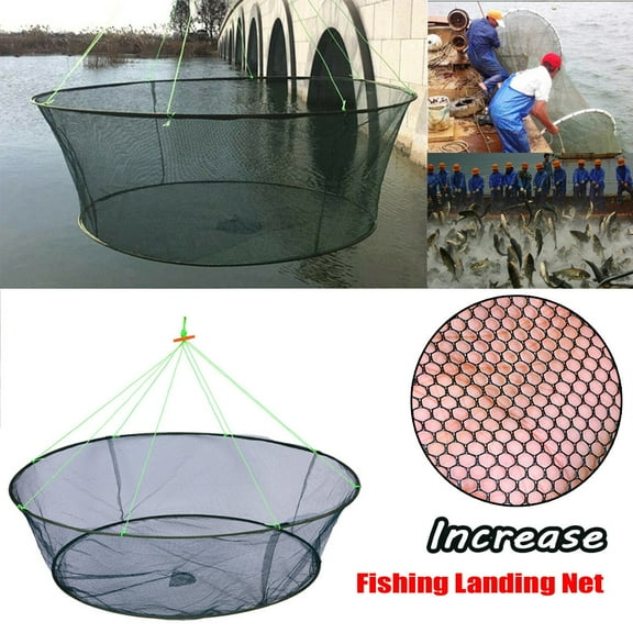 Large Foldable Drop Net Fishing Landing Net | Steel Wire Nylon | Crab Shrimp Prawn Bait Trap | Collapsible Easy Carry | Vertical Shore Pool Pier Use | 100cm Top 80cm Bottom 35cm Height