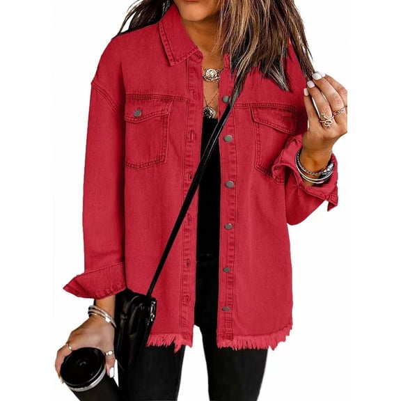 Lovskoo Women's Oversized Denim Jacket Casual Long Boyfriend Distresse Jean Jacket Fall Spring Clothes Red