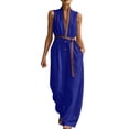 thumbnail image 4 of Guluxicc Women's Contrast Trim Elastic Waist Pleated Wide Leg Jumpsuit Casual Belted Stand Collar Sleeveless Loose Fit Rompers, 4 of 6