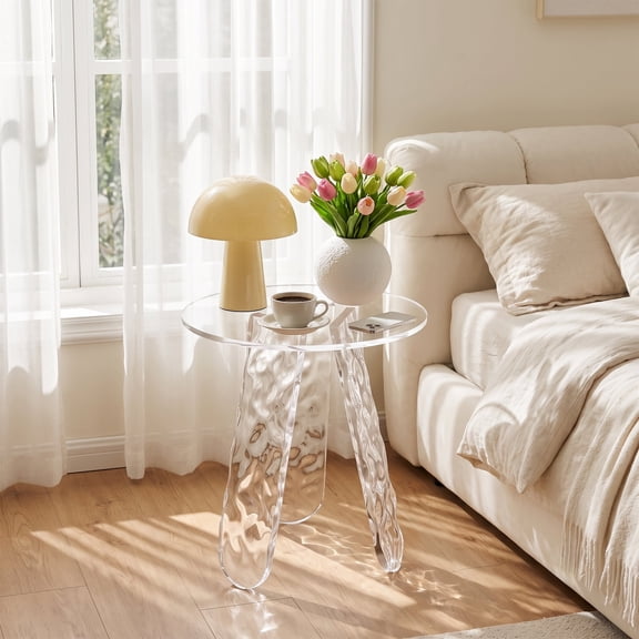 Avaloomia Home Clear Acrylic End Table, Water Ripple Leg Round Sofa Side Table Modern Nightstand for Living Room Bedroom