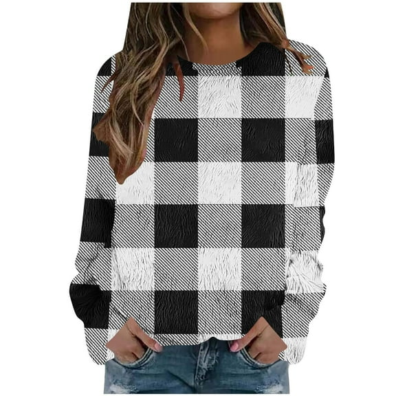 Plaid Pullover Shirts for Women Fleece Winter Warm Long Sleeve Crew Neck Sweatshirt Travel Casual Christmas Plaid Tops