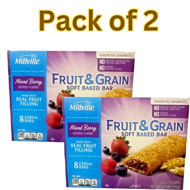 Millville Fruit & Grain Soft Baked Bars – Mixed Berry – 8 Bars per Box (Pack of 2)