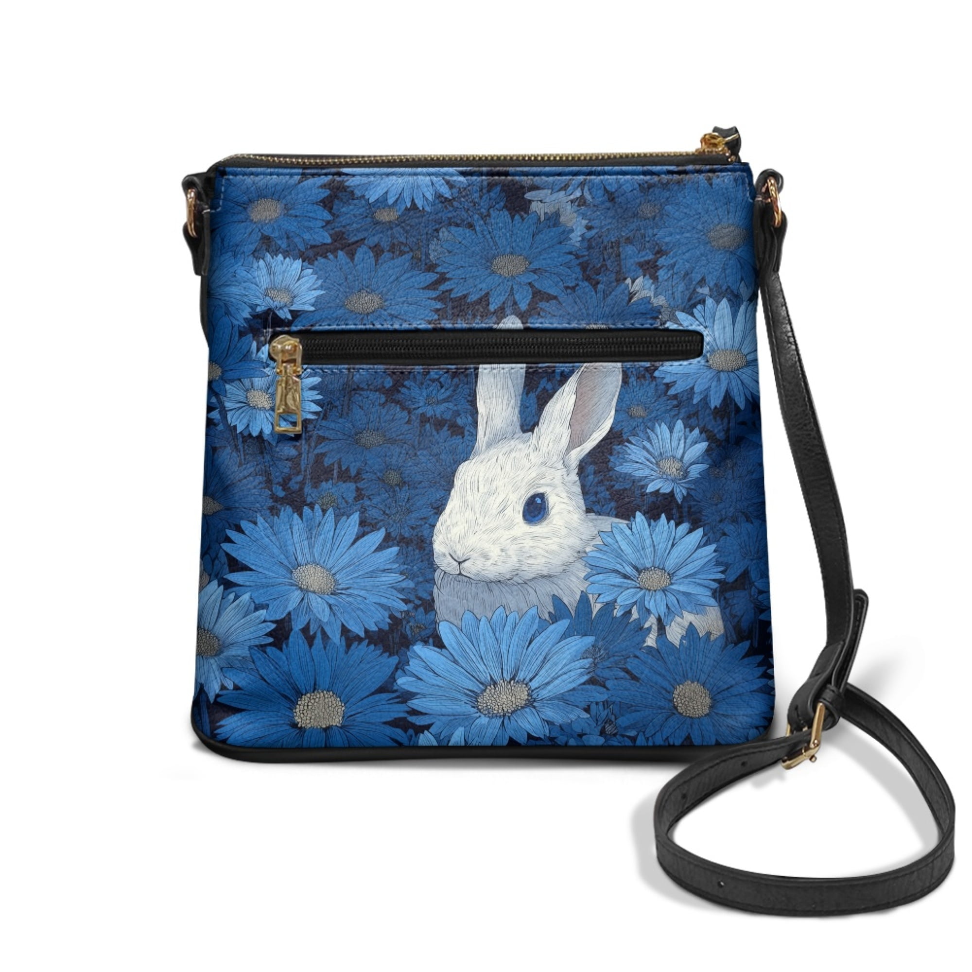 Kuiaobaty Rabbit Daisy Print Crossbody Bag for Women, Cute Sturdy PU Leather Shoulder Bag Crossbody with Adjustable Strap, Lightweight Messenger Handbag for Travel, Blue