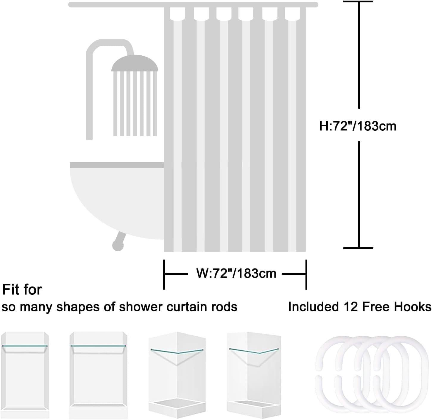 Gold Light Brown and White Striped Wavy Line Fabric Shower Curtain for Bathroom with Hooks, Shower Curtain Set Stripe Bath Curtains Decor Weighted Hem Washable, 72x72