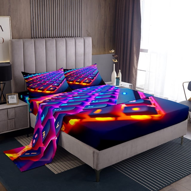 Erosebridal Gradient Neon Keyboard Sheet Set King, Gamer Gaming Bedding Sets King Size 4pcs