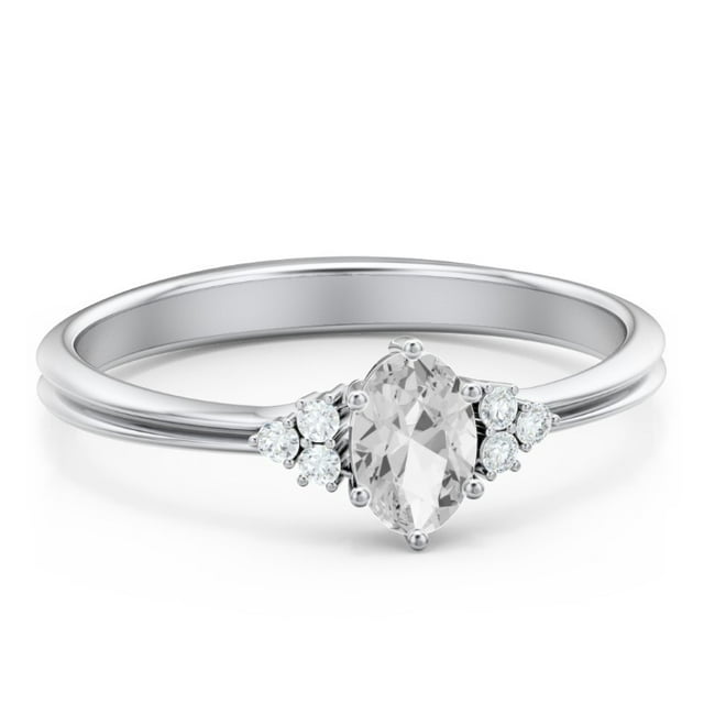 Birthstone Oval Ring with Shoulder Accents - Diamond/White Topaz (April)