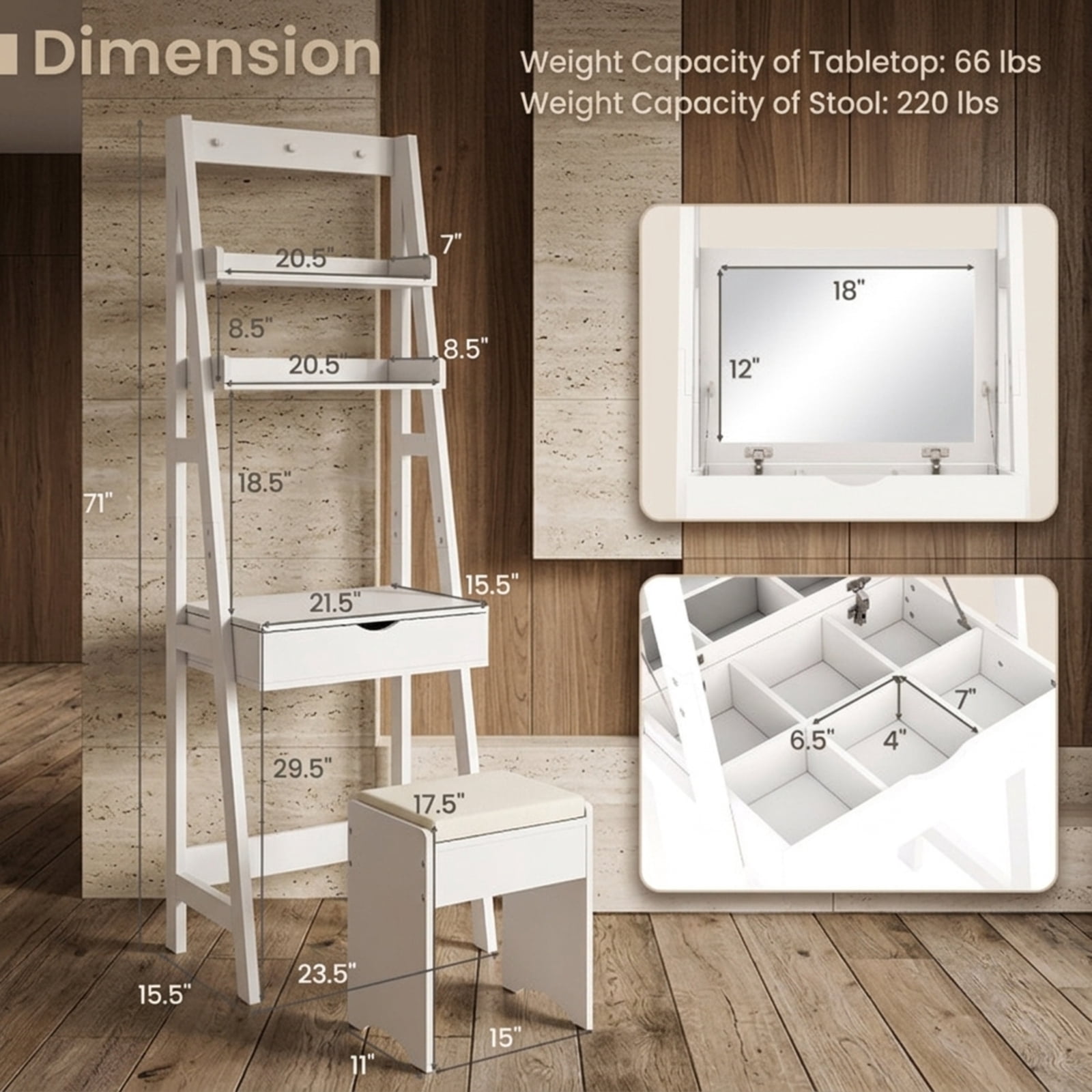 Furnibear Vanity Desk Set with Flip Top Mirror Hidden Storage Compartments and Cushioned Stool for Bedroom Makeup Dressing Room Vanity Desk, White