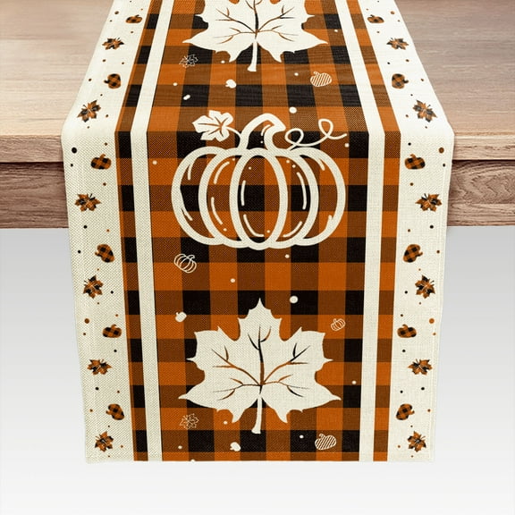 Buffalo Plaid Pumpkin Maple Leaf Dot Pinecone Fall Table Runner, Seasonal Autumn Thanksgiving Kitchen Dining Table Decor for Home Party 13x72 Inch