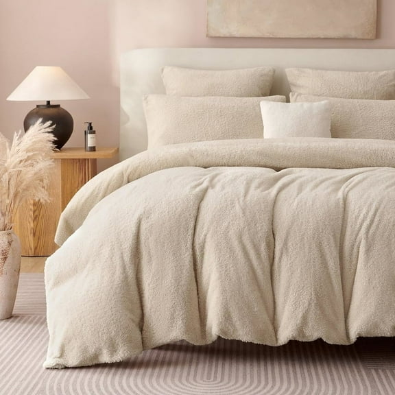 Nayoroom 3 Pieces Beige Fluffy Fleece Duvet Cover Ultra Soft & Warm Faux Fur Duvet Cover Set Flannel Fuzzy Queen Comforter Cover Bedding Set for Winter
