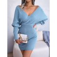 thumbnail image 3 of Women'S Cocktail Knitted Sweater Dress Long Sleeve Batwing Sleeve V-Neck Backless Mini Dress Blue M, 3 of 8