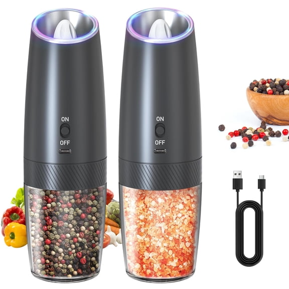 COCOBELA 2 Pack Rechargeable Electric Salt and Pepper Grinder Set, Gravity Automatic Pepper Mill with LED Light, Adjustable Coarseness, USB Type-C