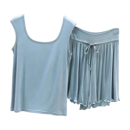 Tsesme Women's Loungewear Set Round Neck Tank Tops Ruffle Shorts Breathable Sleep Set Summer Lightweight Pajama Set Light Blue 5XL