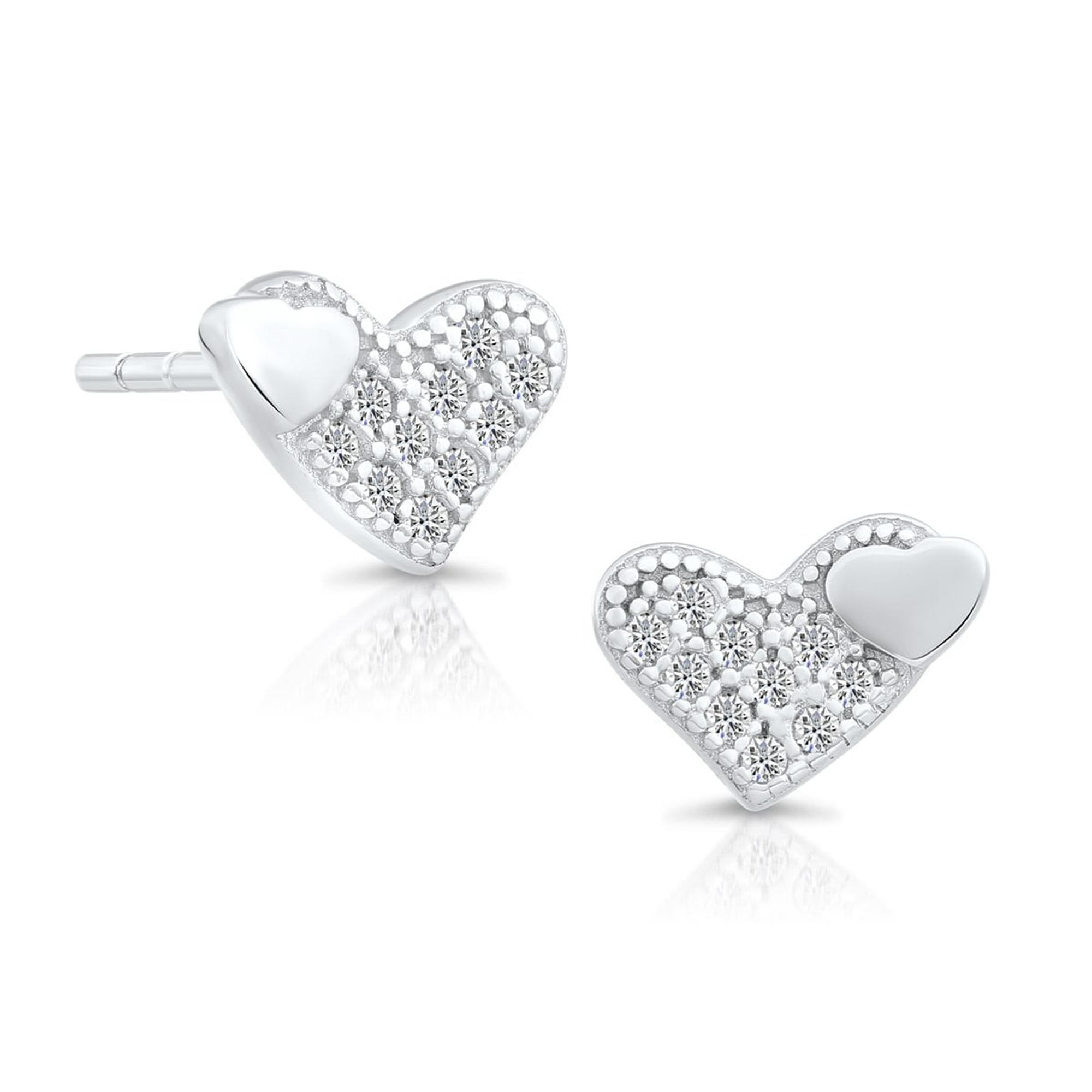 Tilo Jewelry .925 Sterling Silver Double Heart Stud Earrings with Cubic Zirconia CZ Stones | Love Earrings | Women & Unisex