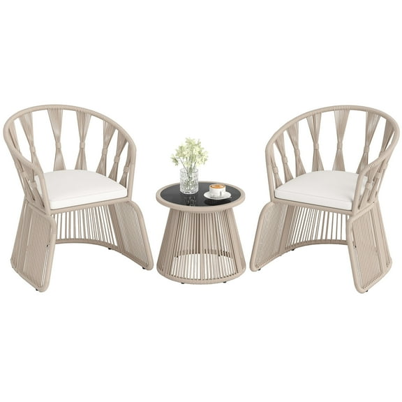 Gymax Set Of 3 Patio Leisure Chair Set Rope-Woven Armchairs & Table Set w/ Cushions