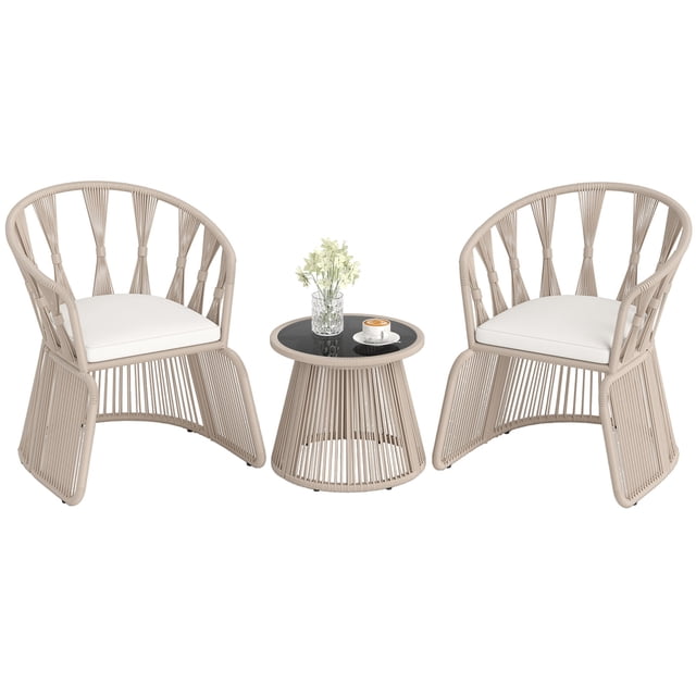 Gymax Set Of 3 Patio Leisure Chair Set Rope-Woven Armchairs & Table Set w/ Cushions