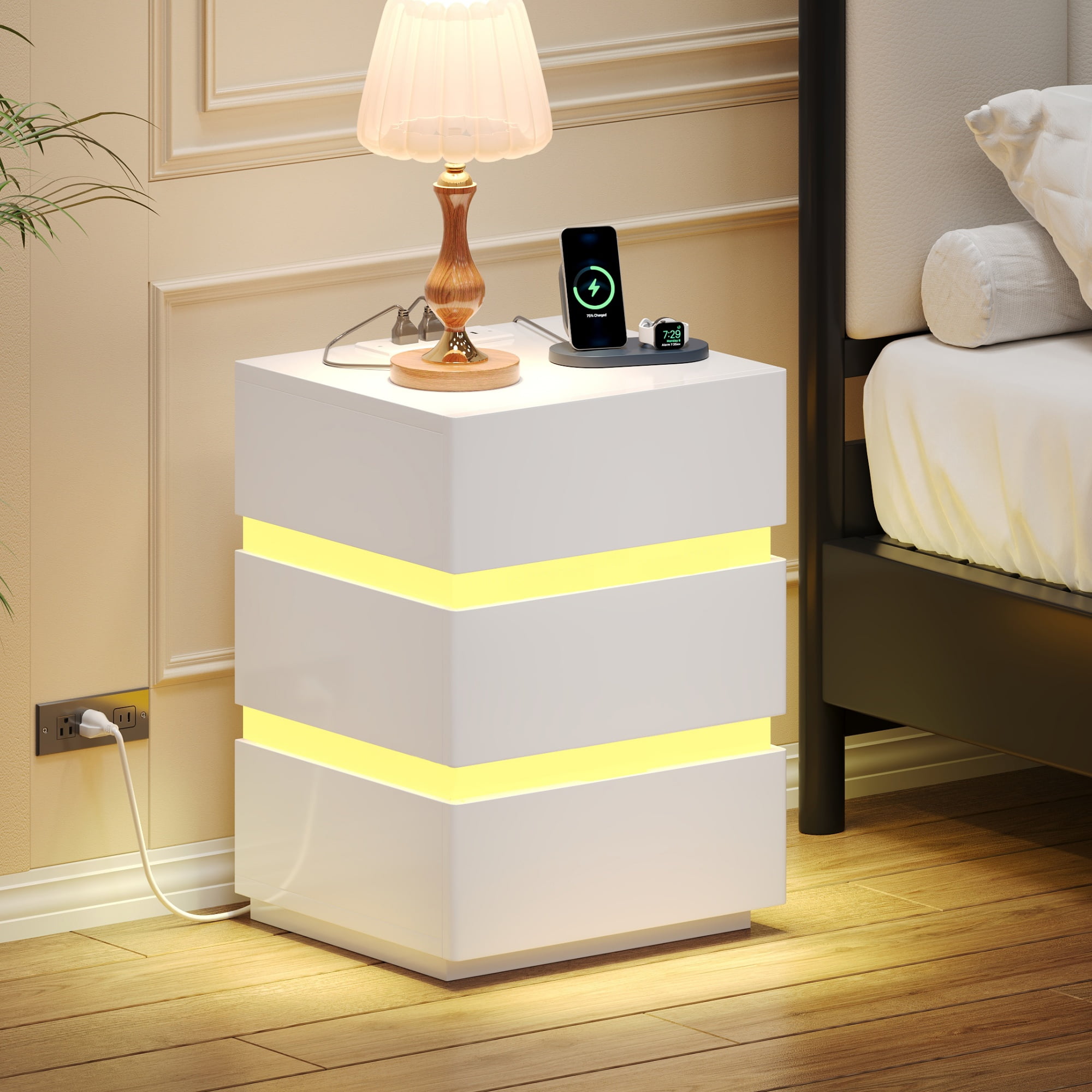 Night Stand With Charging Station And Led Lights, Modern Bedside Table With 3 Storage Drawer, End Table For Bedroom