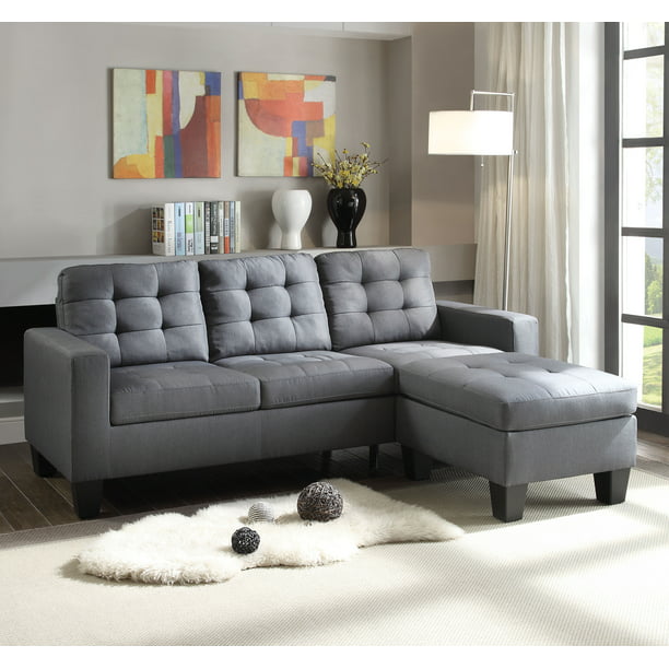 Acme Earsom Tufted Sectional Sofa In Gray Linen Upholstery Walmart Com Walmart Com