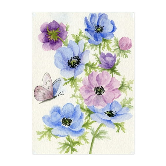 Blue and Purple Anemone - Drawing Floral Flowers Botanical Nature Pastel Unframed Wall Art Print 4 x 6 inches