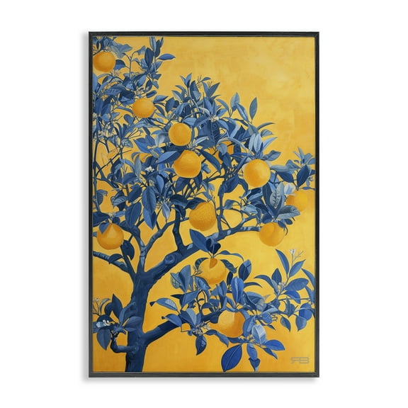 Stupell Industries Lemon Tree on Orange Food & Beverage Painting Black Framed Art Print Wall Art, 12 x 18