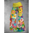 thumbnail image 3 of Pantalones elegantes de cintura alta holgados y acampanados para mujer, pantalones con estampado floral colorido de moda, estilo bohemio, estampado floral digital, 3 of 4