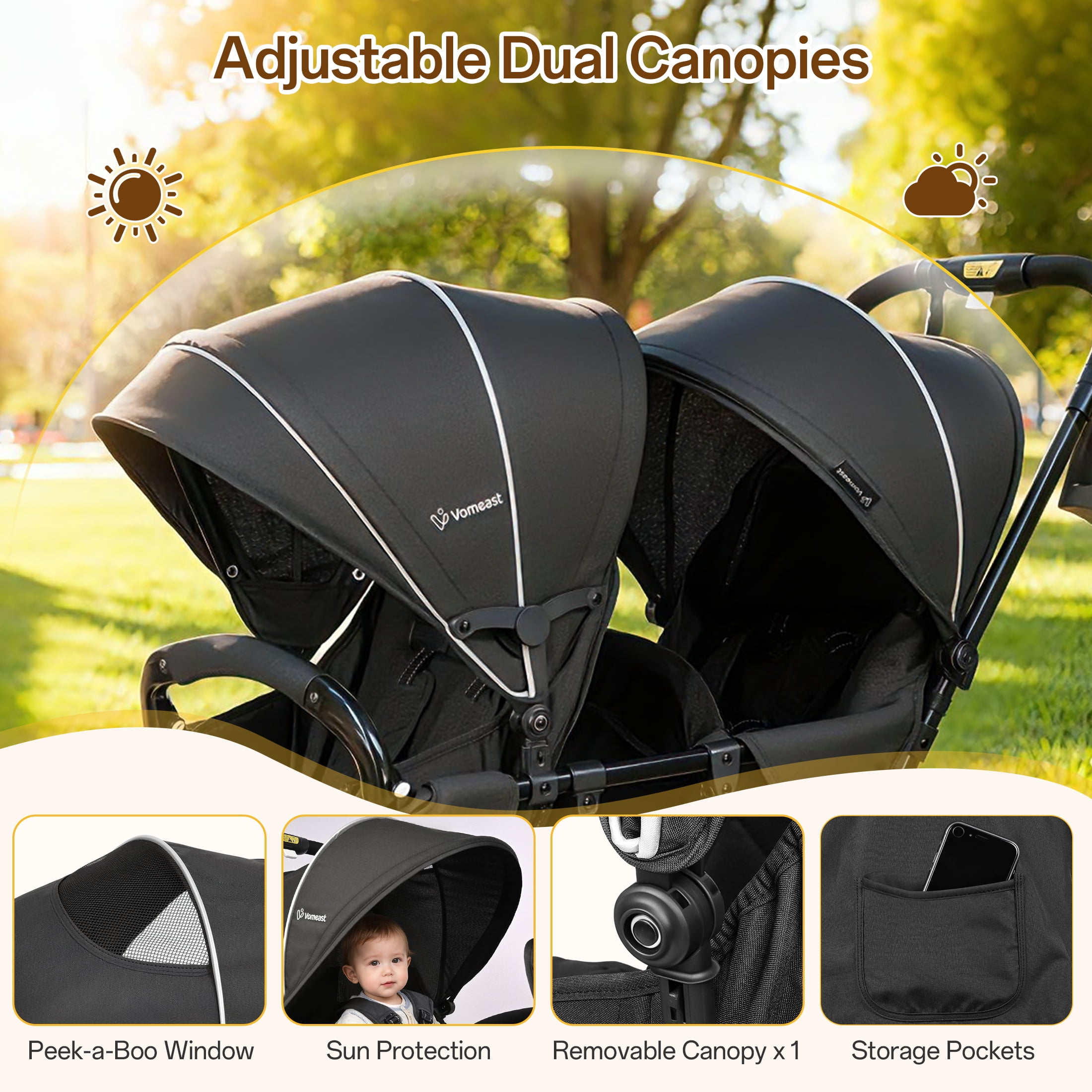 Vomeast Double Stroller for Twins, Foldable Lightweight Travel Stroller for Infant and Toddler, 5-Point Harness, Adjustable Canopy & Reclining Seat, Black