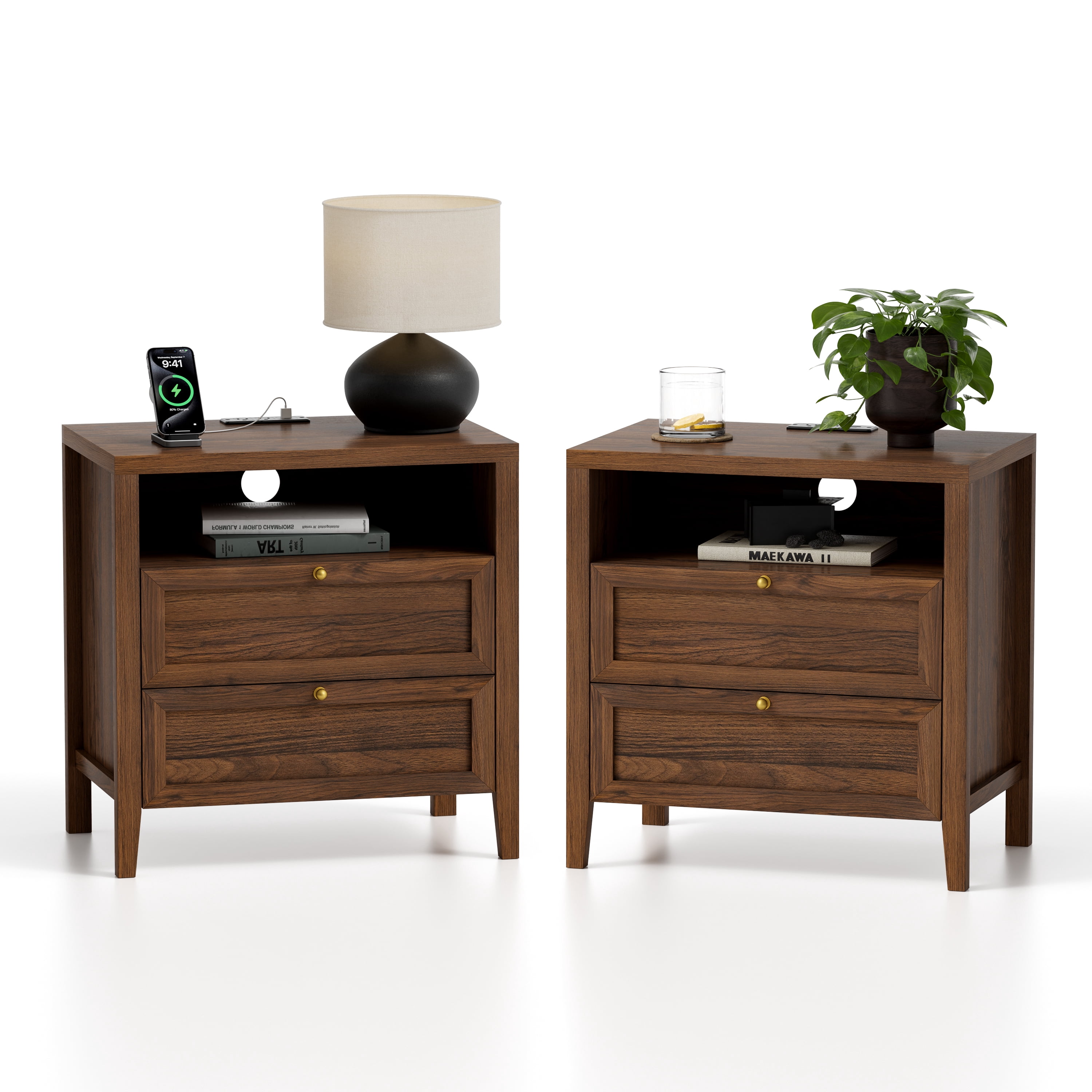 EYYTHUNG Modern Nightstands Set of 2 with 2 Drawers Wooden End Table with Charging Station Farmhouse Night Stand Bedside Side Table with Storage, Brown