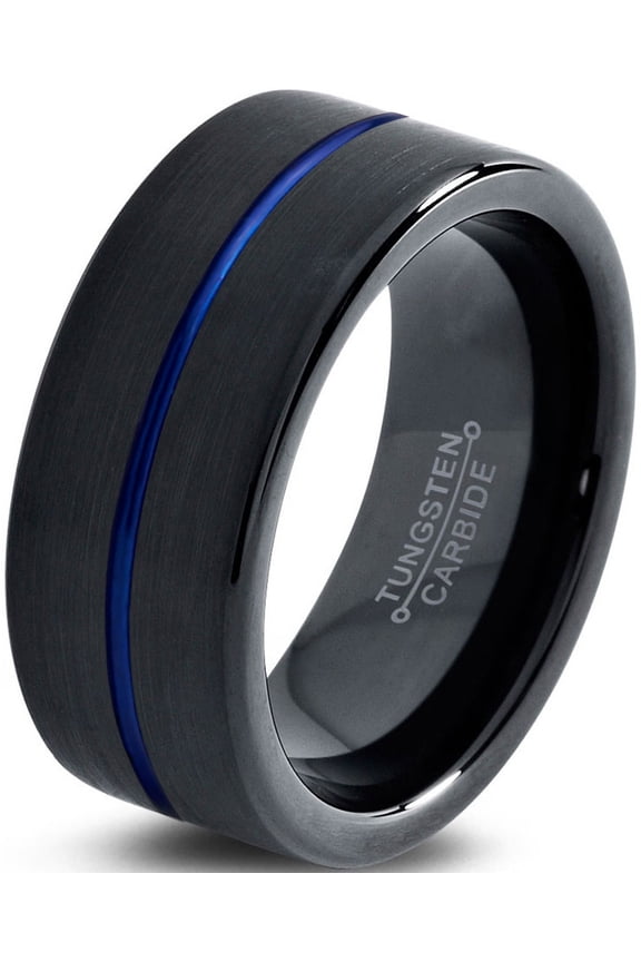 P. Manoukian Tungsten Wedding Band Ring 10mm for Men Women Black Blue Center Line Flat Cut Brushed Lifetime Guarantee Size 5.5