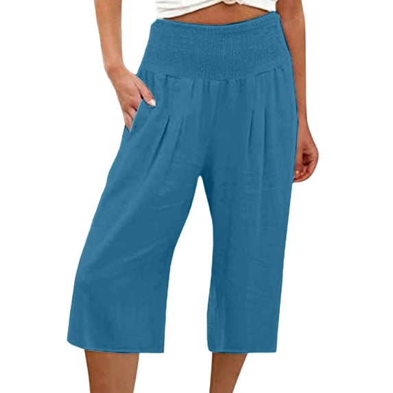 Capreze Capri Pants for Womens Loose Capris Palazzo Wide Leg Pant Summer Casual Solid Color Baggy Crop Trousers Peacock Blue XL