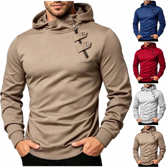 Hoodies for Men Solid Color Long Sleeve Slim Fit Pullover Sweatshirt Casual Fashion Button Zipper Open Close Gym Sports Sweatshirt Warm Fall Winter Top