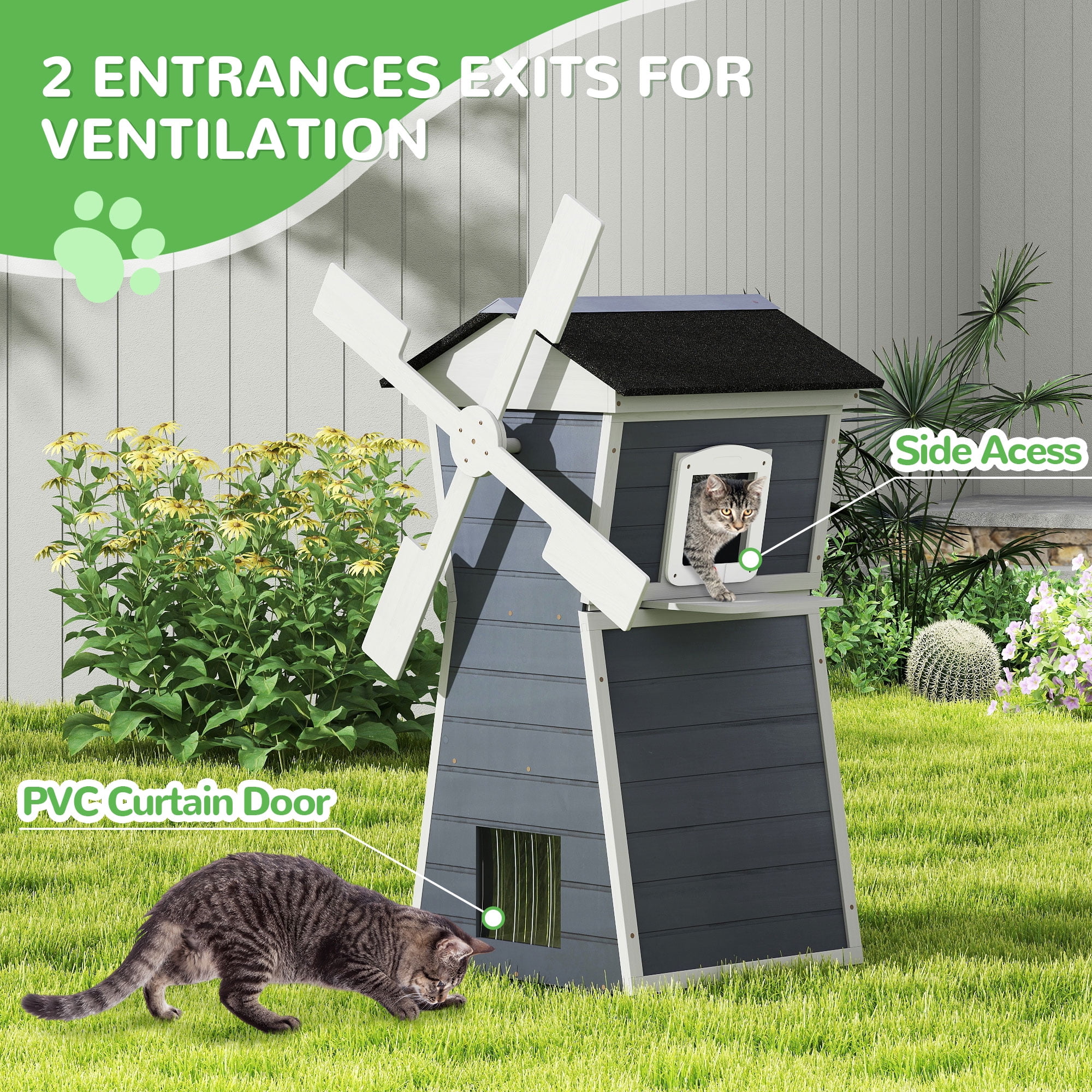 Coziwow Outdoor Cat House, Two-Story Windmill-Shaped Kitty Enclosure with Waterproof Roof, Viewing Platform for Porch or Garden