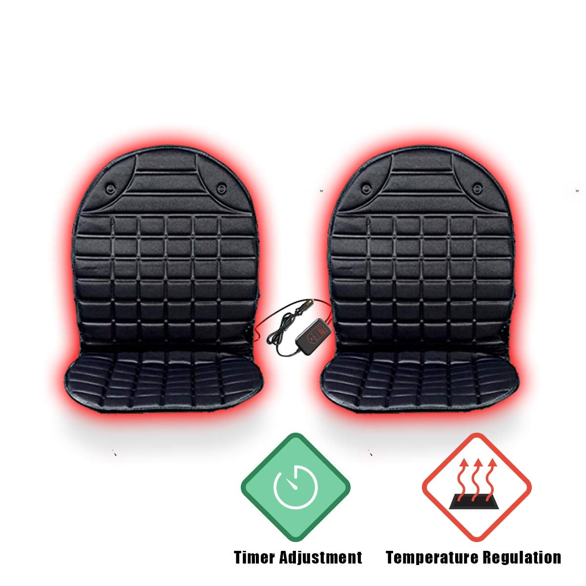 Vaygway 12v Heated Car Seat Cushion 2pk With 1 Integrated Plug Auto Heater Warmer Temperature Control Timer Adjustment Fireproof