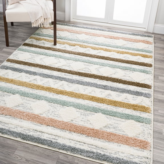 JONATHAN Y SANTA THERESA 3 x 5 Area Rug, Faiza Moroccan Striped Geometric - Multi/Cream, SNT106A-3