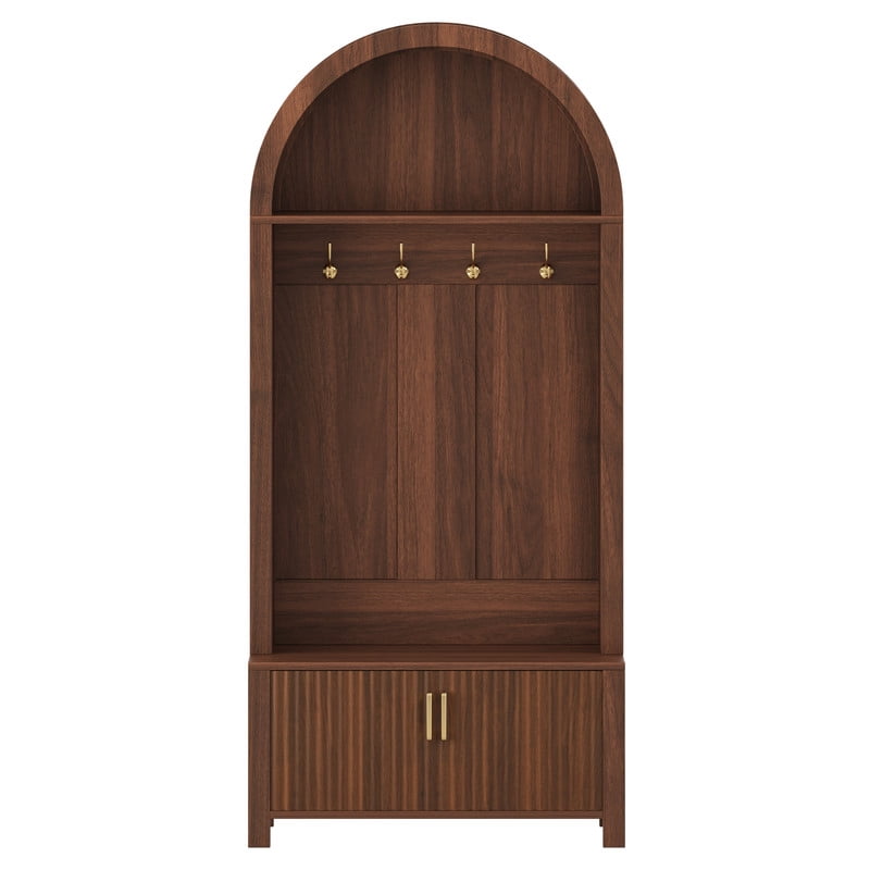 Farmhouse Arched Hall Tree with Storage Bench, Mudroom Bench with 2-Door Cabinet, 70.3'' Coat Rack with 4 Metal Hooks, Entryway Mudroom Organizer with Solid Wood Legs for Hallway & Living Room