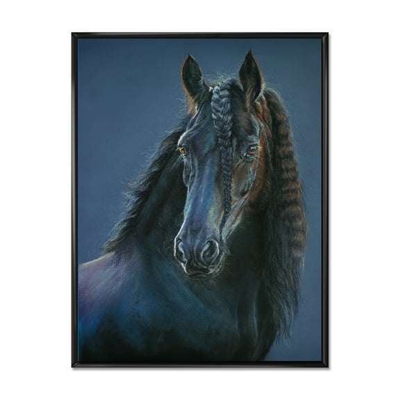Frisian Black Horse Portrait 12 in x 20 in Framed Photography Canvas Art Print, by Designart